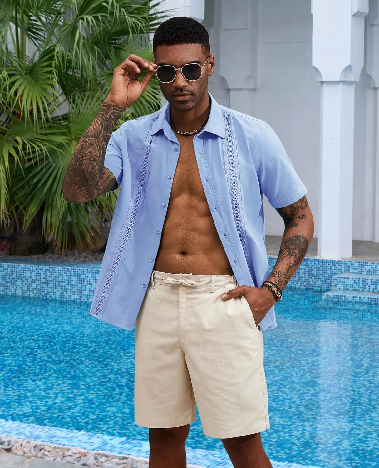 Guayabera Linen Shirts for Men Short Sleeve Button Down Shirt Hawaiian Shirt Cuban Summer Shirts Beach Shirts