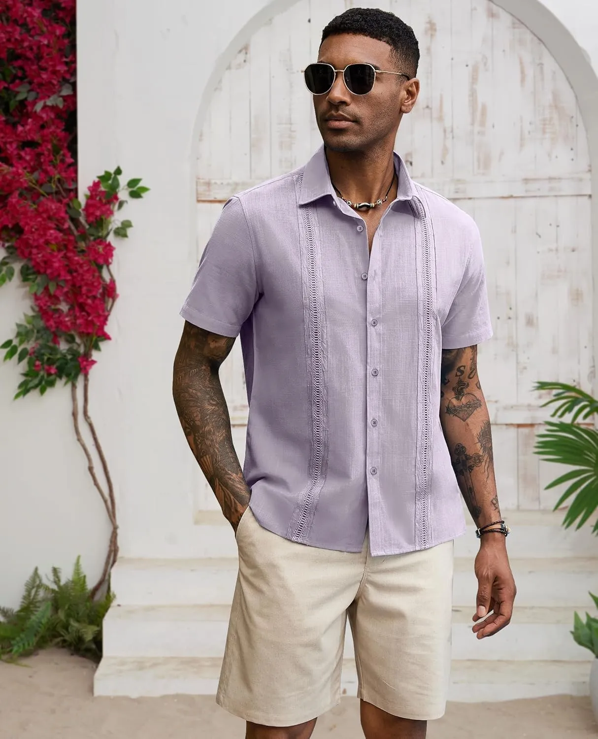 Guayabera Linen Shirts for Men Short Sleeve Button Down Shirt Hawaiian Shirt Cuban Summer Shirts Beach Shirts