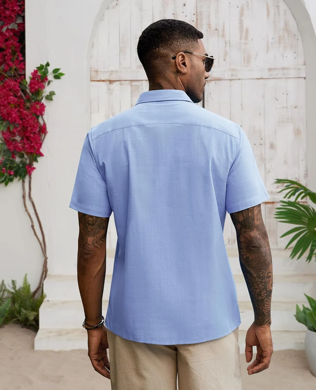Guayabera Linen Shirts for Men Short Sleeve Button Down Shirt Hawaiian Shirt Cuban Summer Shirts Beach Shirts