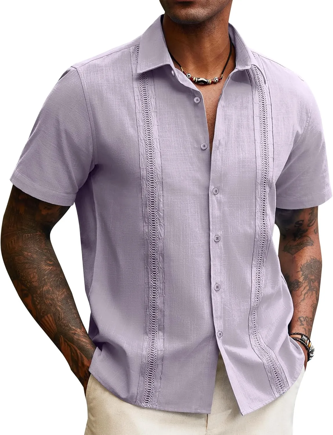 Guayabera Linen Shirts for Men Short Sleeve Button Down Shirt Hawaiian Shirt Cuban Summer Shirts Beach Shirts