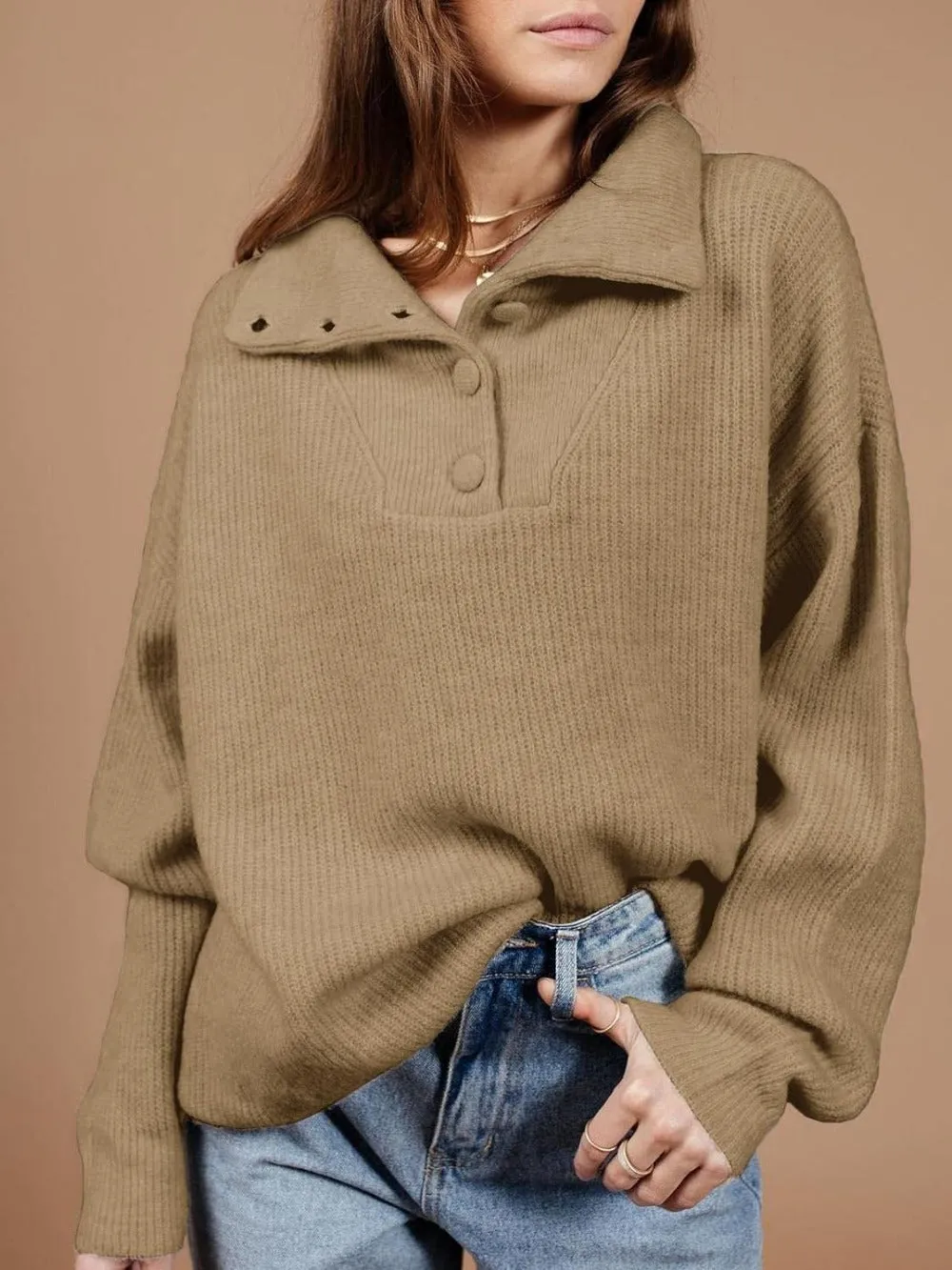 Half Zip Collared Sweaters - Drop Shoulder Long Sleeves Quarter 1/4 Zipper Pullover