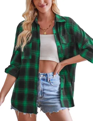HangNiFang Womens Flannel Plaid Shirts Oversized Lightweight Button Down Shirts Blouse