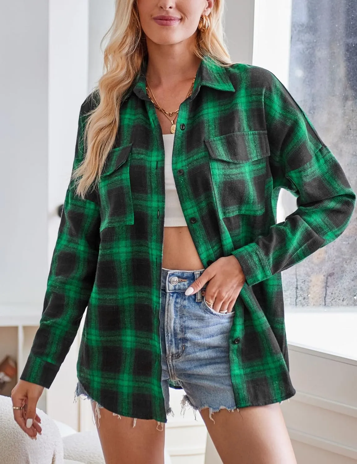 HangNiFang Womens Flannel Plaid Shirts Oversized Lightweight Button Down Shirts Blouse