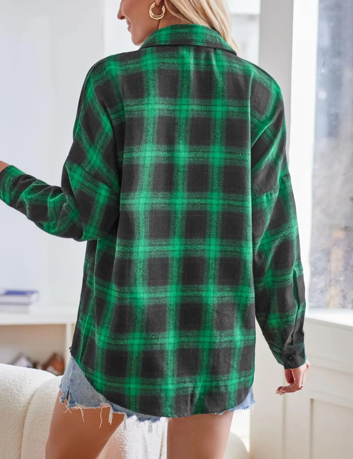 HangNiFang Womens Flannel Plaid Shirts Oversized Lightweight Button Down Shirts Blouse