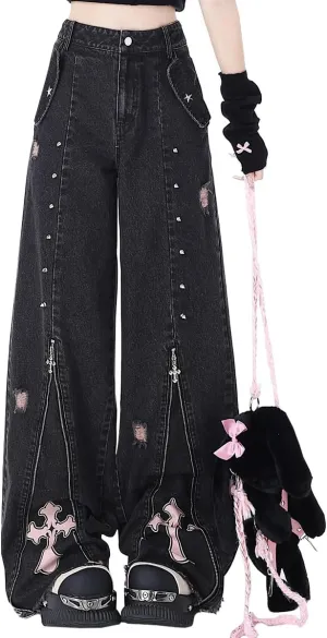 Harajuku Fashion High Waist Baggy Jeans Gothic Y2K Vintage Zipper Casual Straight Leg Wide Leg Denim Pants