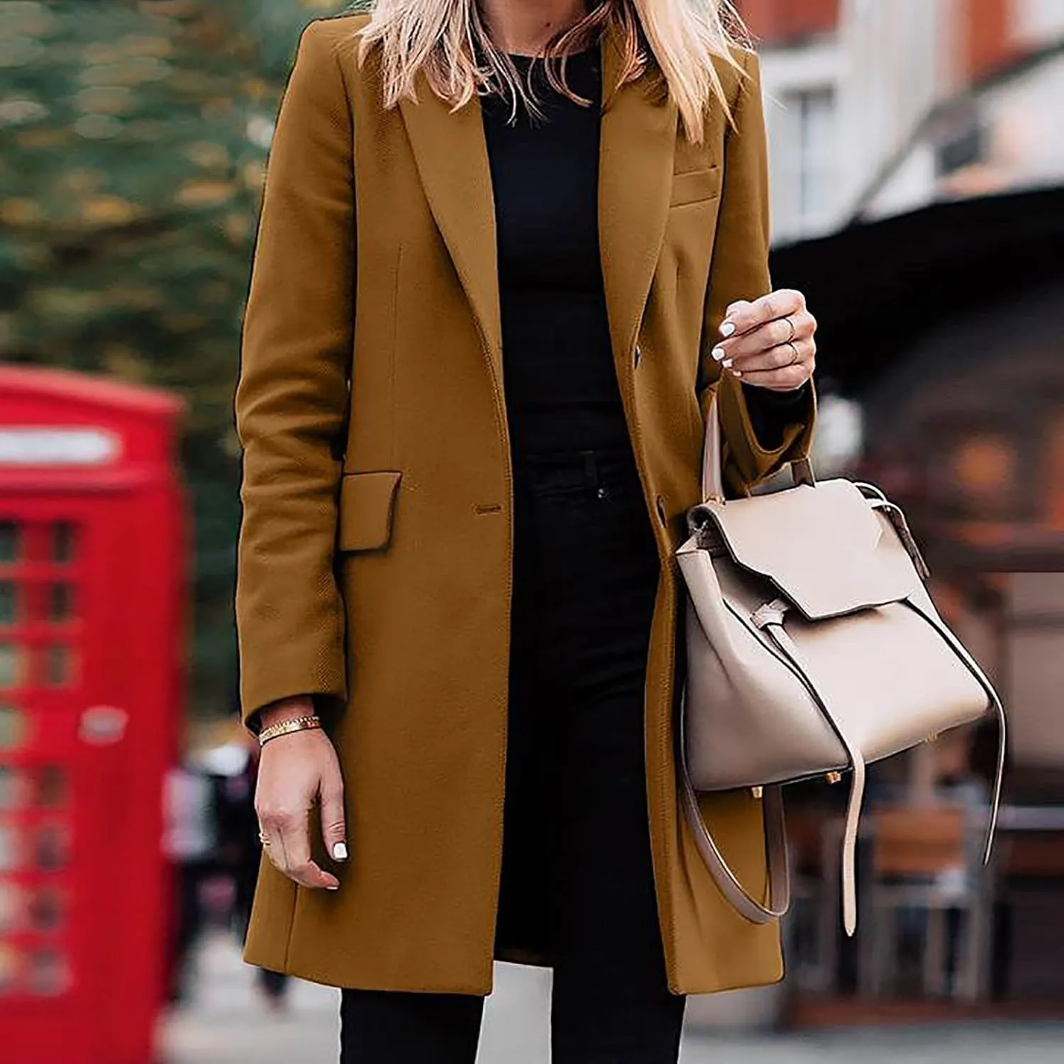 Hvyesh Women's Long Wool Blend Pea Coat Winter Casual Overcoat Notched Lapel Collar Trench Coat Belted Long Jacket Outerwear
