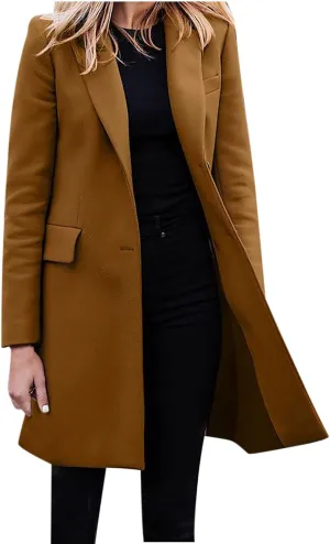 Hvyesh Women's Long Wool Blend Pea Coat Winter Casual Overcoat Notched Lapel Collar Trench Coat Belted Long Jacket Outerwear