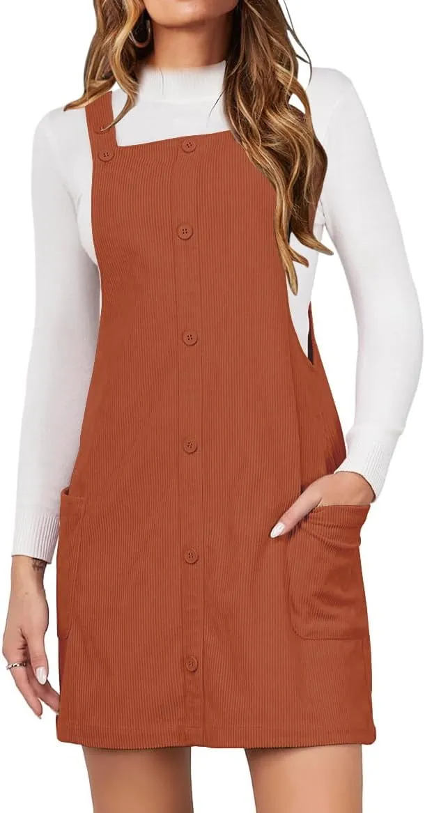 IDEALSANXUN Womens Button Down Corduroy Overall Dress with Pockets