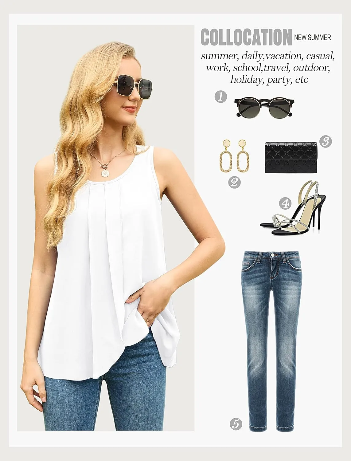 IWOLLENCE Womens Summer Tank Tops Sleeveless Chiffon Double Layers Blouse Loose Round Neck Casual Shirts