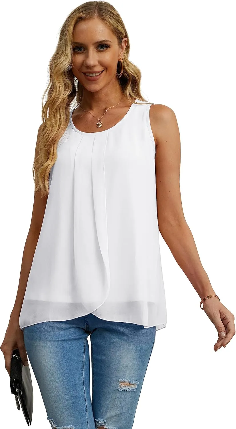 IWOLLENCE Womens Summer Tank Tops Sleeveless Chiffon Double Layers Blouse Loose Round Neck Casual Shirts
