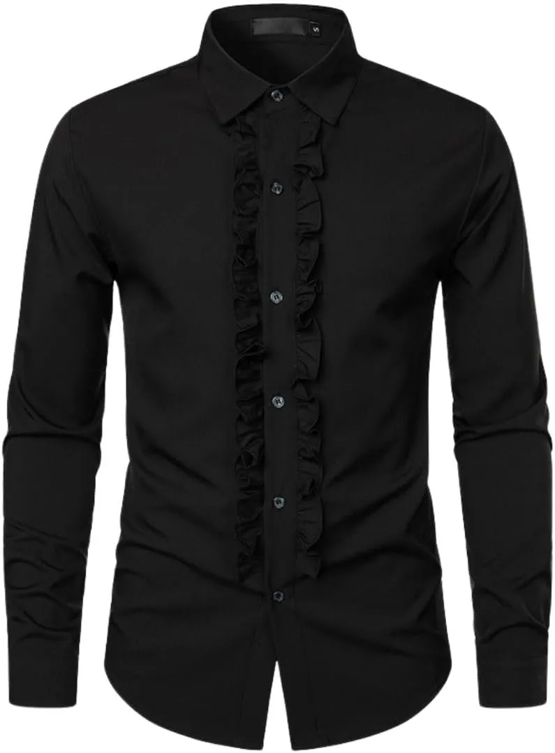 Kinkia Mens Tuxedo Shirts Slim Fit Long Sleeve Button Down Pleated Dress Shirt Tops for Prom Party Wedding