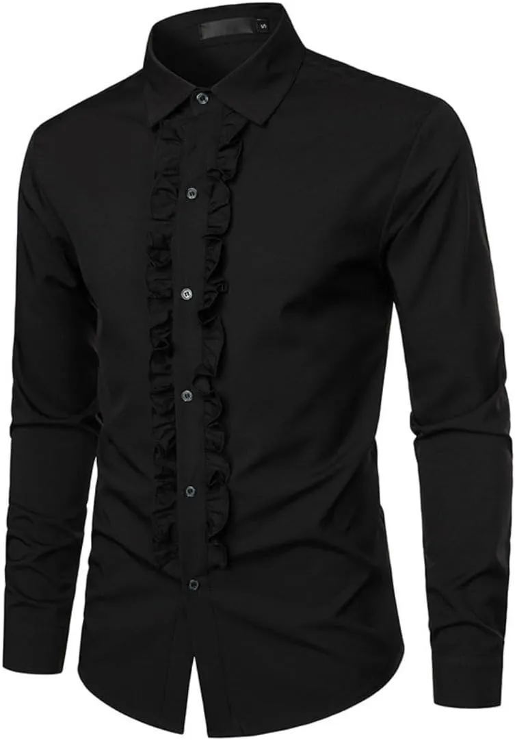 Kinkia Mens Tuxedo Shirts Slim Fit Long Sleeve Button Down Pleated Dress Shirt Tops for Prom Party Wedding