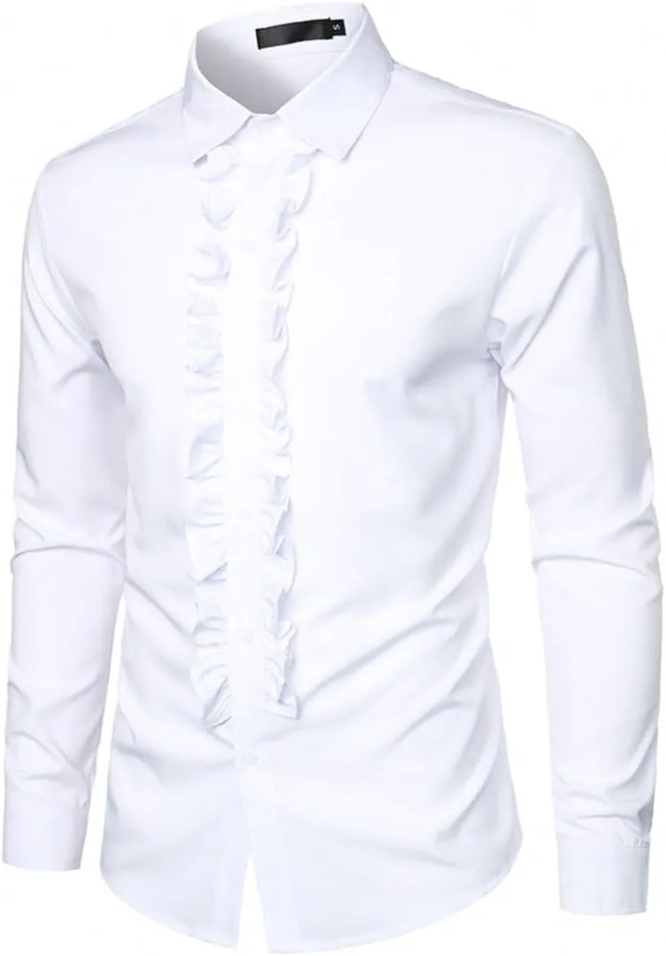 Kinkia Mens Tuxedo Shirts Slim Fit Long Sleeve Button Down Pleated Dress Shirt Tops for Prom Party Wedding