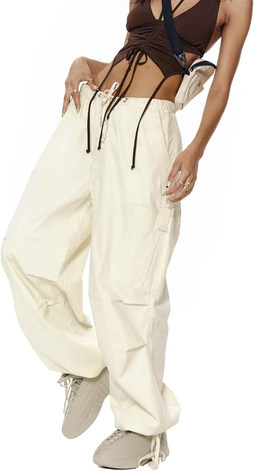 KMBANGI Women Oversized Cargo Pants Drawstrings Casual Loose Wide Leg Trousers Baggy Low Waist Sweatpants Cinch Joggers