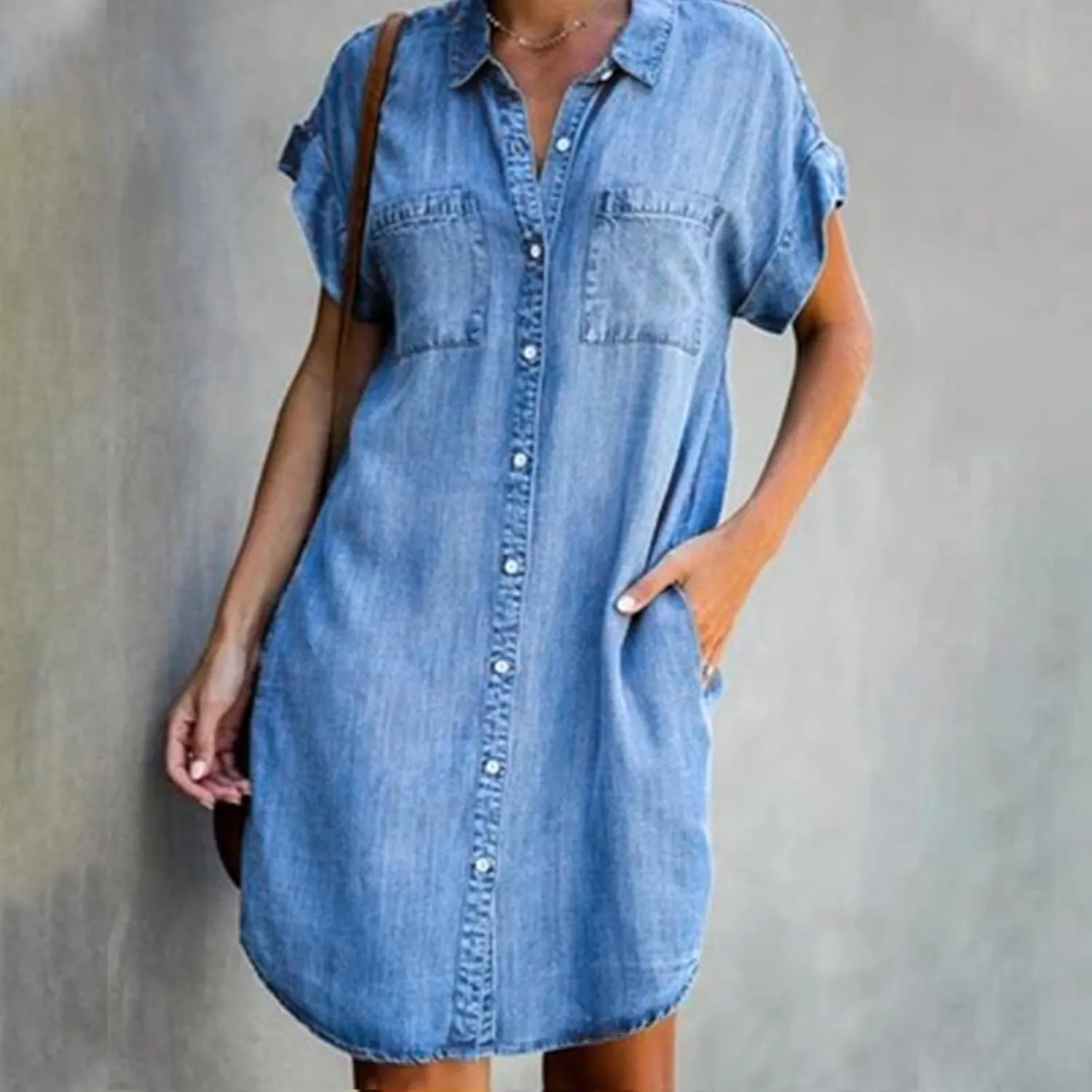 Lenago Summer Dresses for Women 2024, Trendy Short Sleeve Loose Casual Denim Shirt Dress, Button Down Lapel Fashion Jean