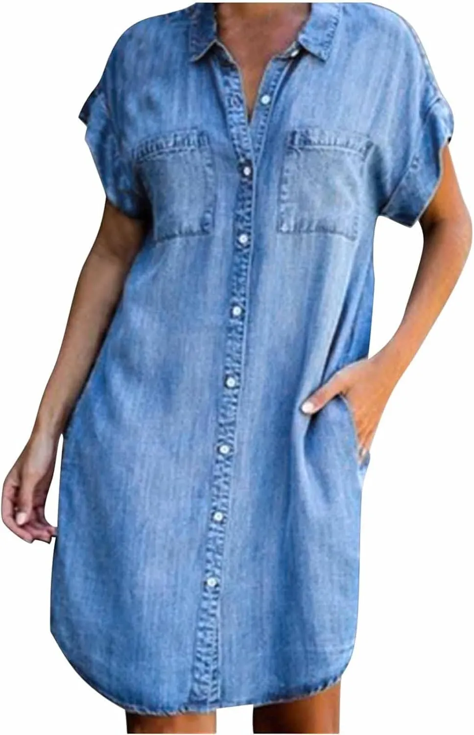 Lenago Summer Dresses for Women 2024, Trendy Short Sleeve Loose Casual Denim Shirt Dress, Button Down Lapel Fashion Jean