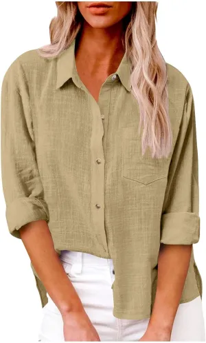Linen Shirts for Women Summer Long Sleeve Lapel Button Down Shirt Lightweight Gauze Tops Loose Casual Blouses