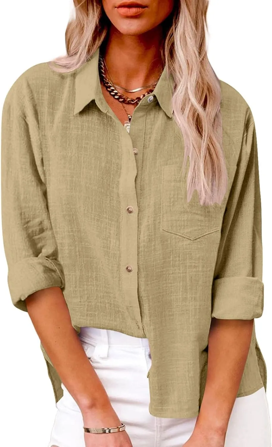 Linen Shirts for Women Summer Long Sleeve Lapel Button Down Shirt Lightweight Gauze Tops Loose Casual Blouses
