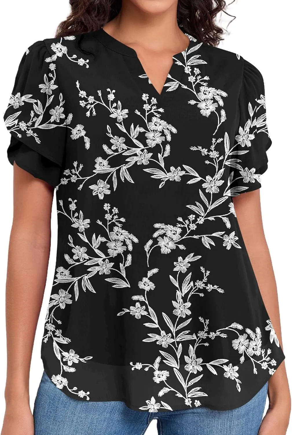 LOUSGUTA Chiffon Blouses for Women Short Sleeve Business Casual Work Chiffon Tops Ruffle Puff Petal Sleeve Shirts V Neck