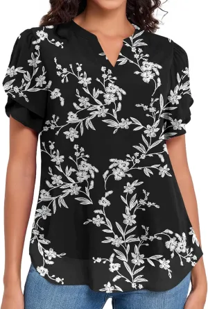 LOUSGUTA Chiffon Blouses for Women Short Sleeve Business Casual Work Chiffon Tops Ruffle Puff Petal Sleeve Shirts V Neck