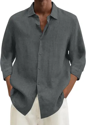 Mens Casual Linen Shirts 3/4 Sleeve Button Down Shirt Hawaiian Vacation Summer Tees Outdoor Plain Beach Collared Tops