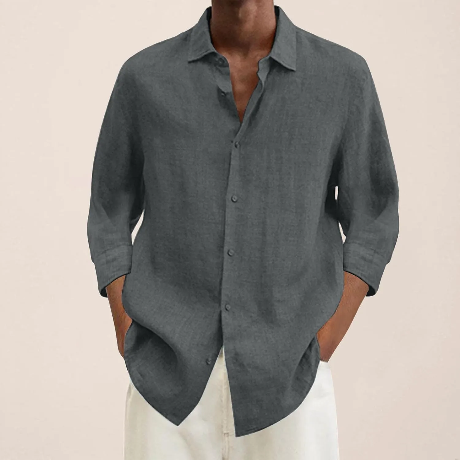 Mens Casual Linen Shirts 3/4 Sleeve Button Down Shirt Hawaiian Vacation Summer Tees Outdoor Plain Beach Collared Tops
