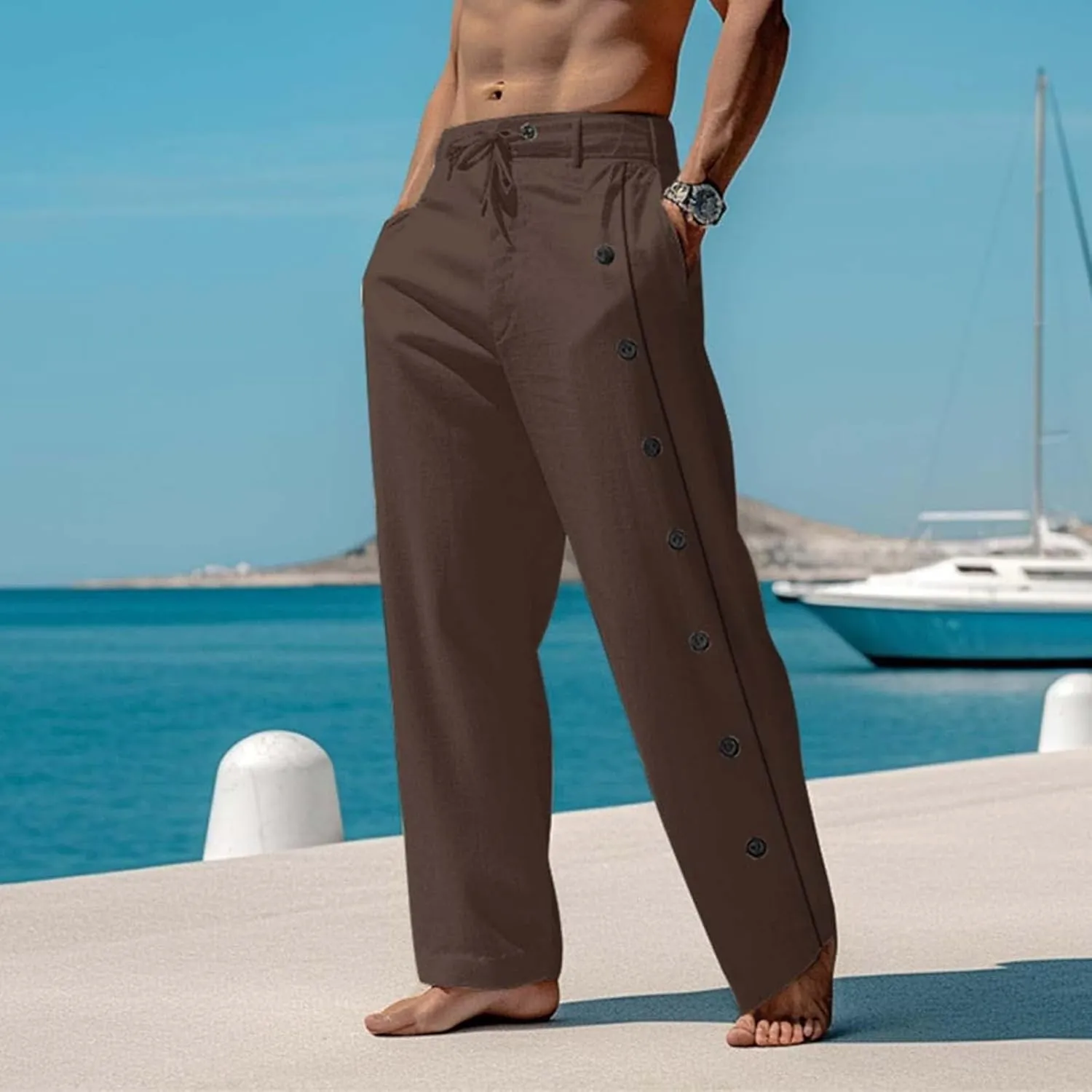 Mens Cotton Linen Pants Loose Fit Lightweight Wide Leg Drawstring Trousers Summer Casual Yoga Beach Pants for Men