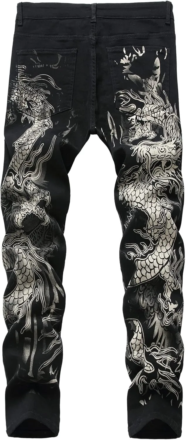 Men's Jeans Skinny Trendy Dragon Print Stretchy Fashion Hip Hop Straight Leg Jean Pants Size 28-38