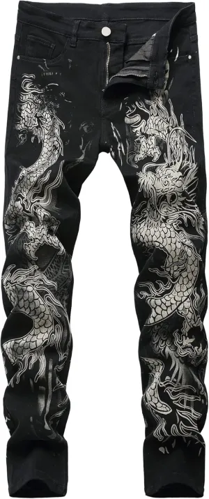 Men's Jeans Skinny Trendy Dragon Print Stretchy Fashion Hip Hop Straight Leg Jean Pants Size 28-38