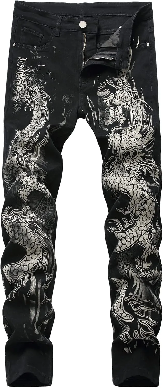 Men's Jeans Skinny Trendy Dragon Print Stretchy Fashion Hip Hop Straight Leg Jean Pants Size 28-38