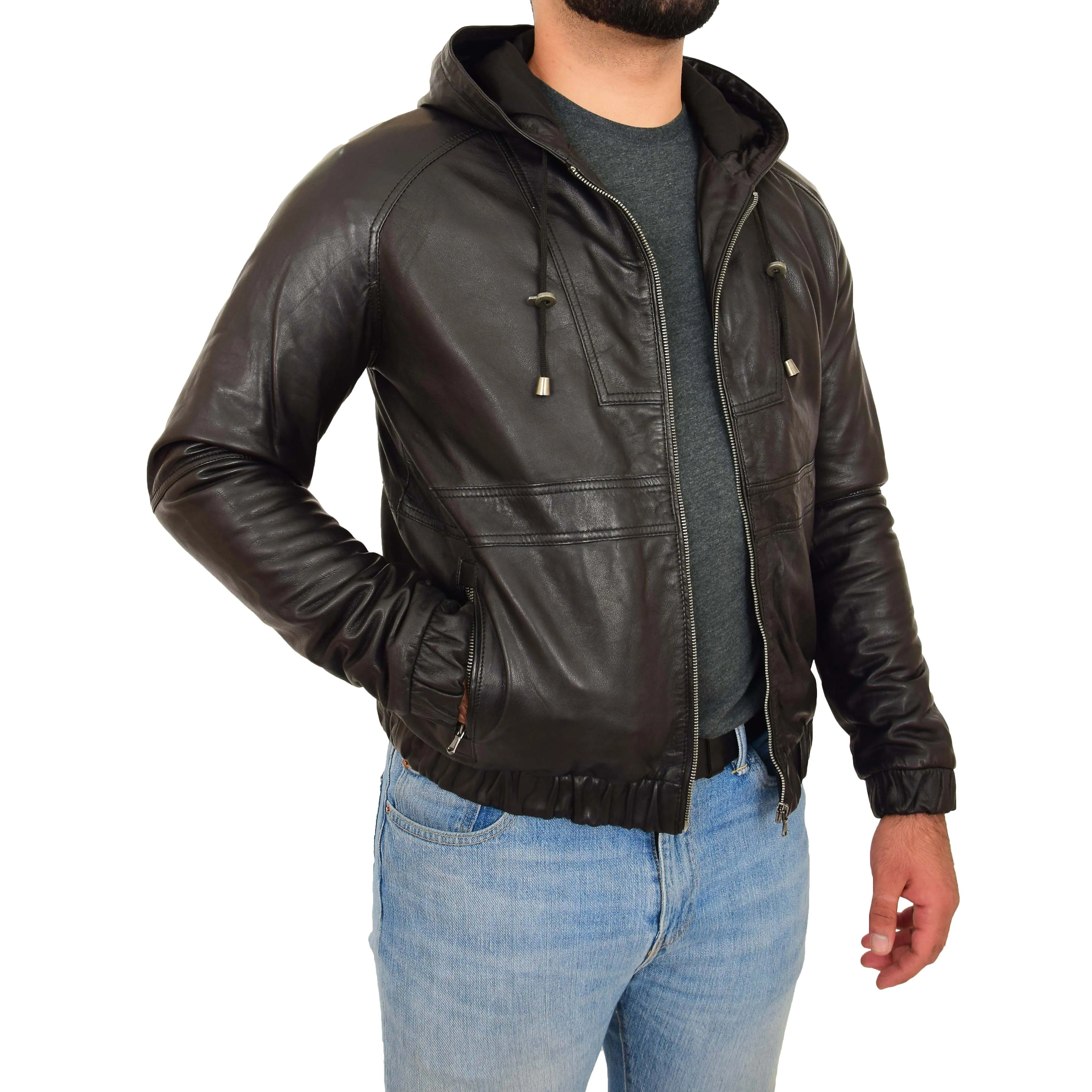 Mens Real Black Leather Bomber Hooded Jacket Coat Kent