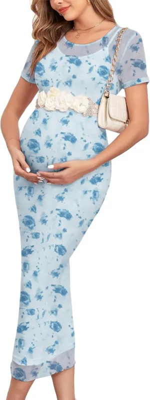 Mesh Maternity Dress Ruched Side Round Neck Pregnancy Dresses Baby Shower Wedding Guest Cocktail Party 2024 Fall
