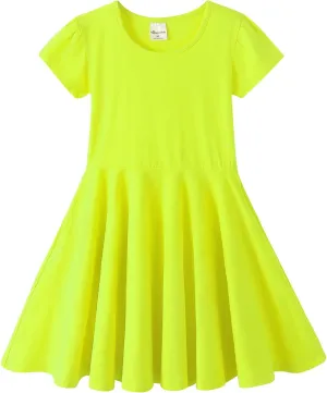 Noomelfish Girls Short Puff Sleeve Dress Summer Casual Knit Swing Twirl Skater Dresses with Pockets (2-12 Years)