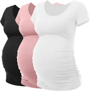 Peauty 3 Pack Women Maternity Shirts Side Ruched Summer Maternity Clothes Short Sleeve Maternity Tops Pregnancy Clothes