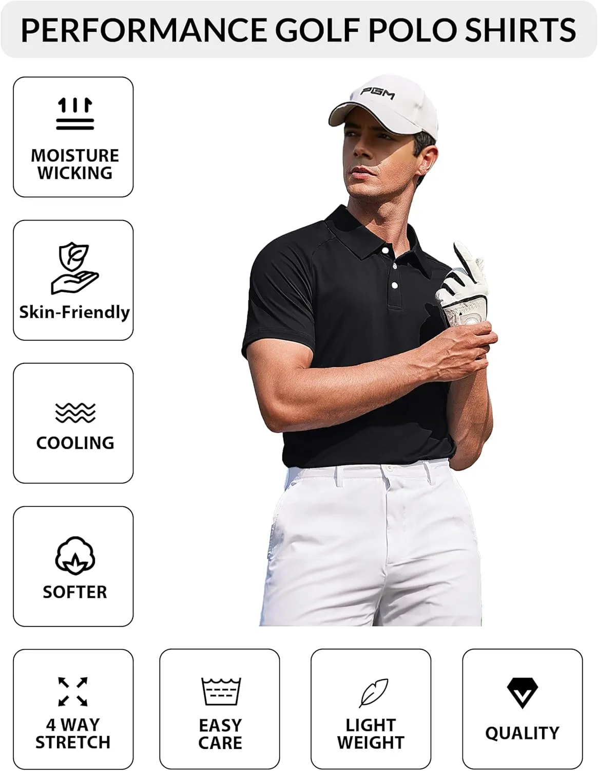 PINSPARK Mens Golf Polo Shirts Performance Quick-Dry Moisture-Wicking Collared Shirts Short Sleeve Buttons Casual Polo Shirts
