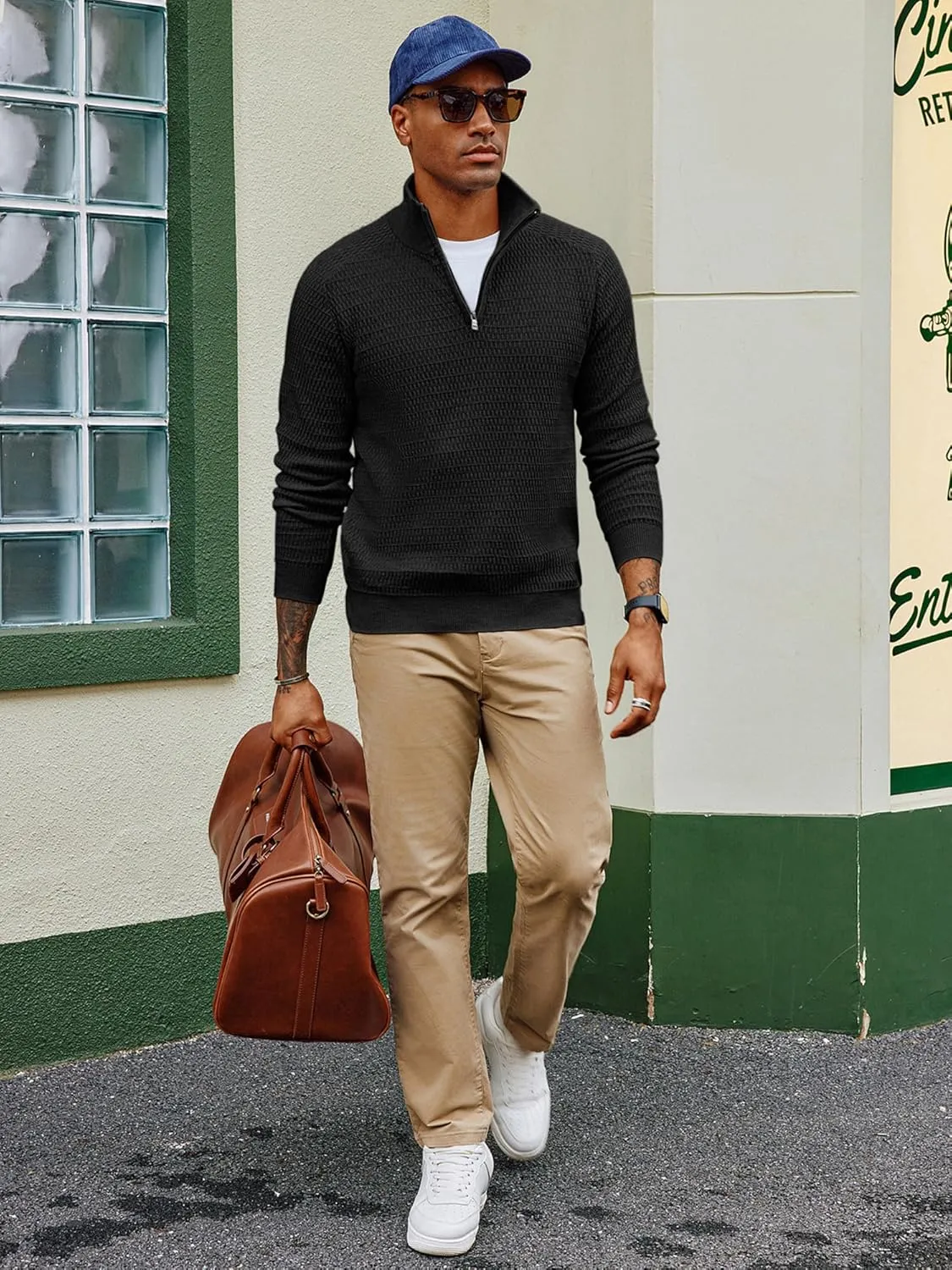 PJ PAUL JONES Men's Quarter Zip Sweaters Slim Fit Long Sleeve Casual Pullover Sweater Knit Textured Mock Neck Polo Sweaters