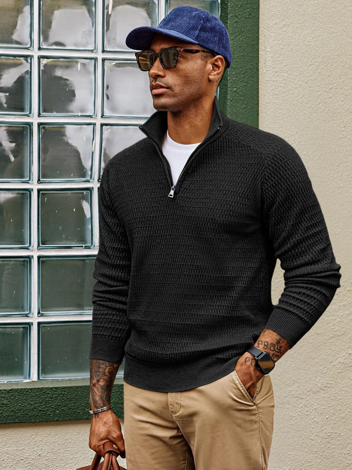 PJ PAUL JONES Men's Quarter Zip Sweaters Slim Fit Long Sleeve Casual Pullover Sweater Knit Textured Mock Neck Polo Sweaters