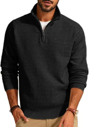 PJ PAUL JONES Men's Quarter Zip Sweaters Slim Fit Long Sleeve Casual Pullover Sweater Knit Textured Mock Neck Polo Sweaters