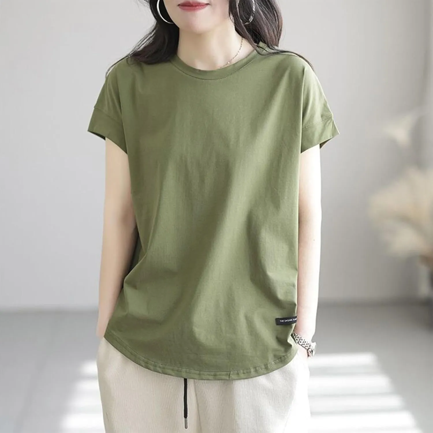 Plus Size Womens Clothing Cap Sleeves Crewneck Back Hollow Out Solid Color T-Shirts Loose Casual Summer Going Out Tees