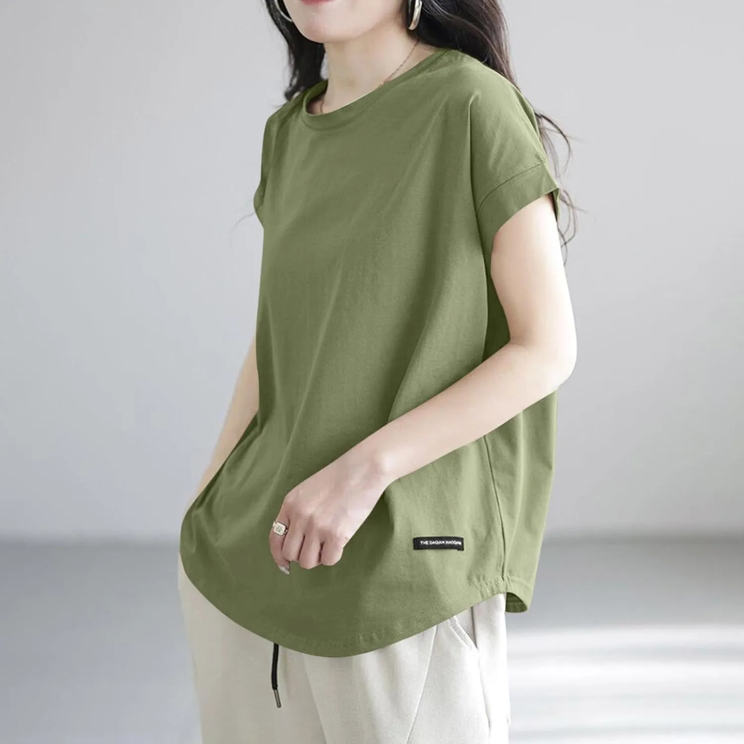 Plus Size Womens Clothing Cap Sleeves Crewneck Back Hollow Out Solid Color T-Shirts Loose Casual Summer Going Out Tees