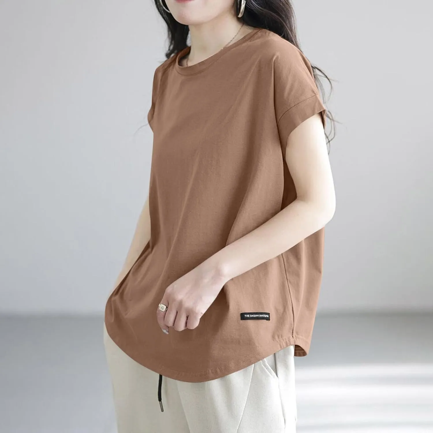 Plus Size Womens Clothing Cap Sleeves Crewneck Back Hollow Out Solid Color T-Shirts Loose Casual Summer Going Out Tees