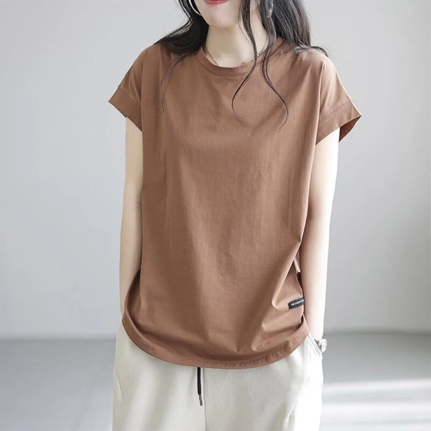 Plus Size Womens Clothing Cap Sleeves Crewneck Back Hollow Out Solid Color T-Shirts Loose Casual Summer Going Out Tees