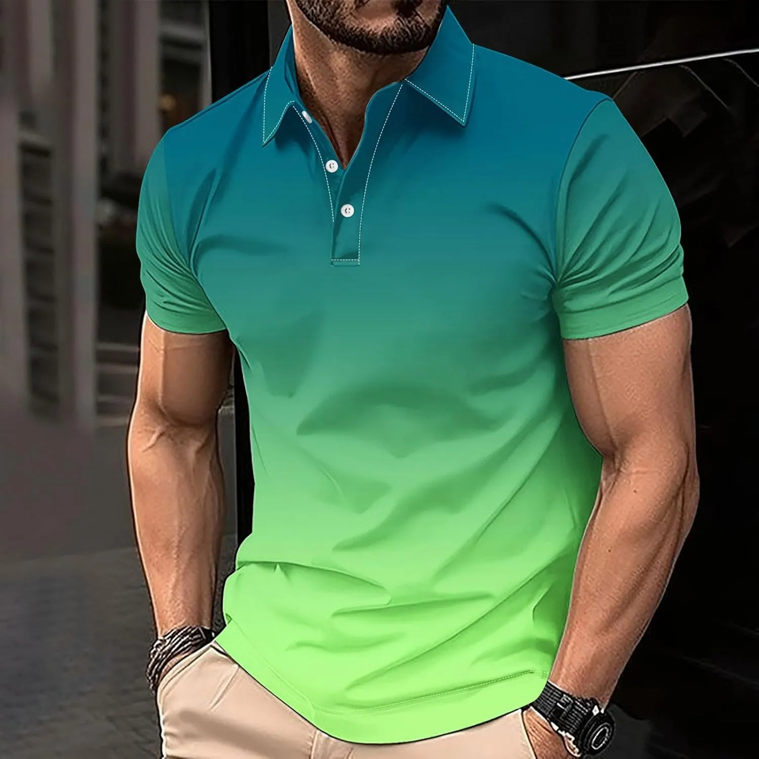Polo Shirts for Men Short Sleeve Button Down Collar Gradient Tees Dressy Casual Business Work Tshirt Summer Golf Tops