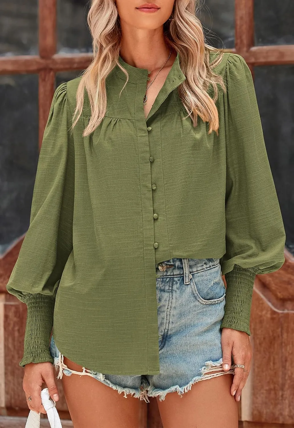 PRETTYGARDEN Womens Spring Long Sleeve Tops Dressy Casual Button Down Smocked Cuffed Office Business Work Blouses Shirts