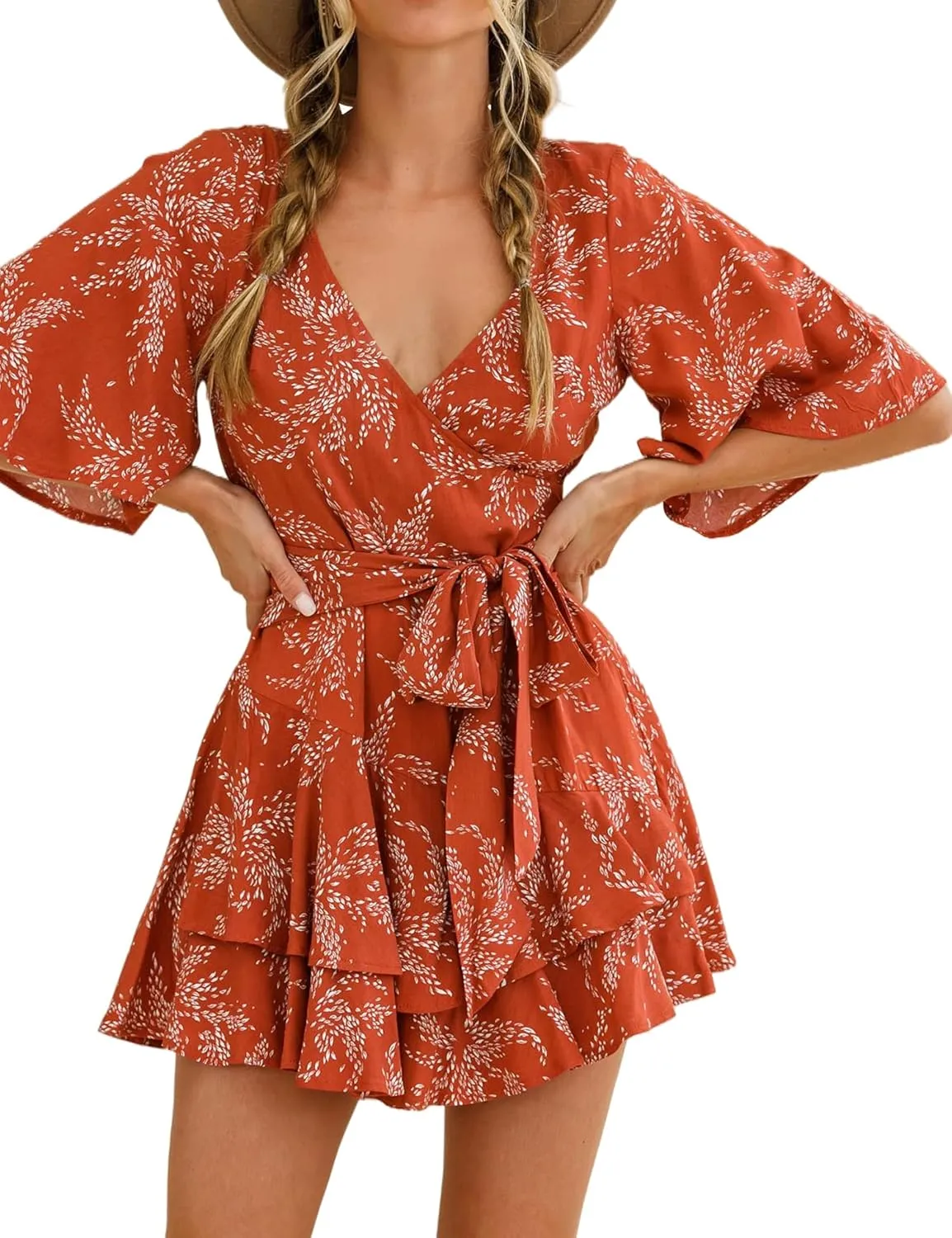 Relipop Women's Summer Romper Floral V Neck Short Sleeve Waist Tie Knot Ruffle Hem Short Casual Rompers Jumpsuits