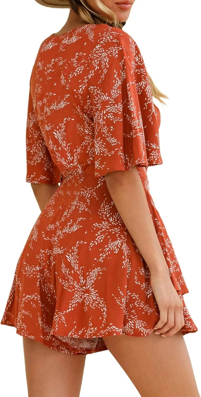 Relipop Women's Summer Romper Floral V Neck Short Sleeve Waist Tie Knot Ruffle Hem Short Casual Rompers Jumpsuits
