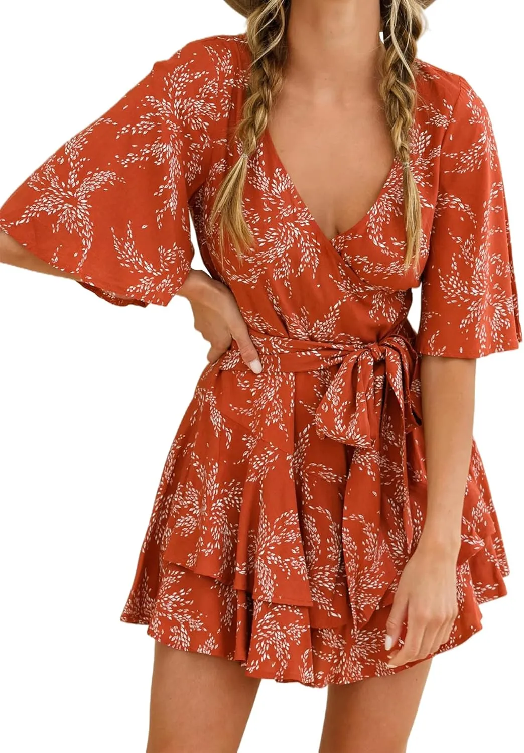 Relipop Women's Summer Romper Floral V Neck Short Sleeve Waist Tie Knot Ruffle Hem Short Casual Rompers Jumpsuits