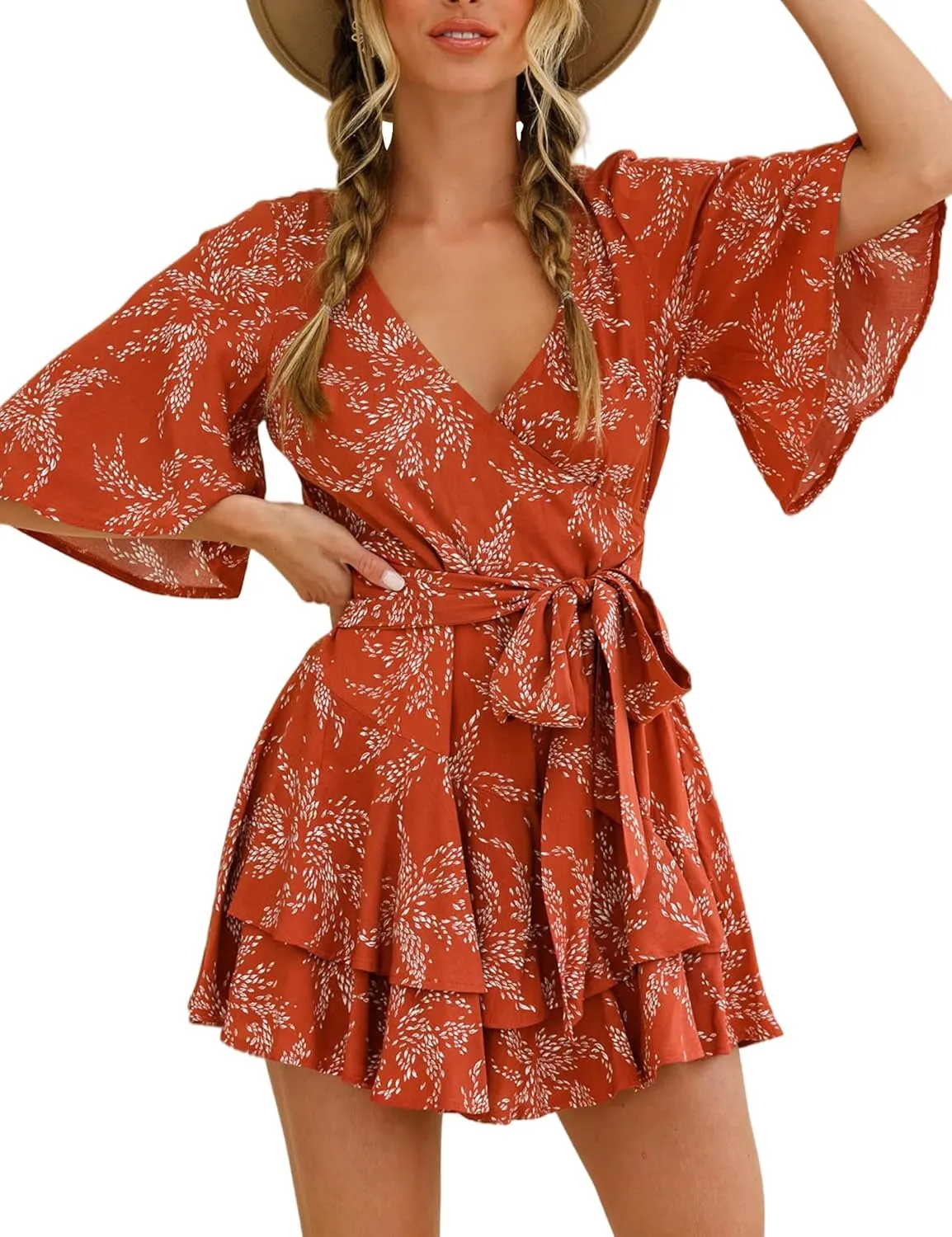 Relipop Women's Summer Romper Floral V Neck Short Sleeve Waist Tie Knot Ruffle Hem Short Casual Rompers Jumpsuits
