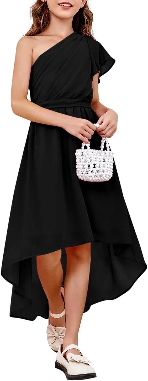 rrhss Flower Girls One Shoulder Ruffle Dresses Flowy A-line Twirl Sleeveless Dress Cute Wedding Prom Party Gowns
