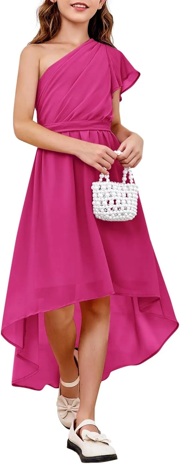 rrhss Flower Girls One Shoulder Ruffle Dresses Flowy A-line Twirl Sleeveless Dress Cute Wedding Prom Party Gowns
